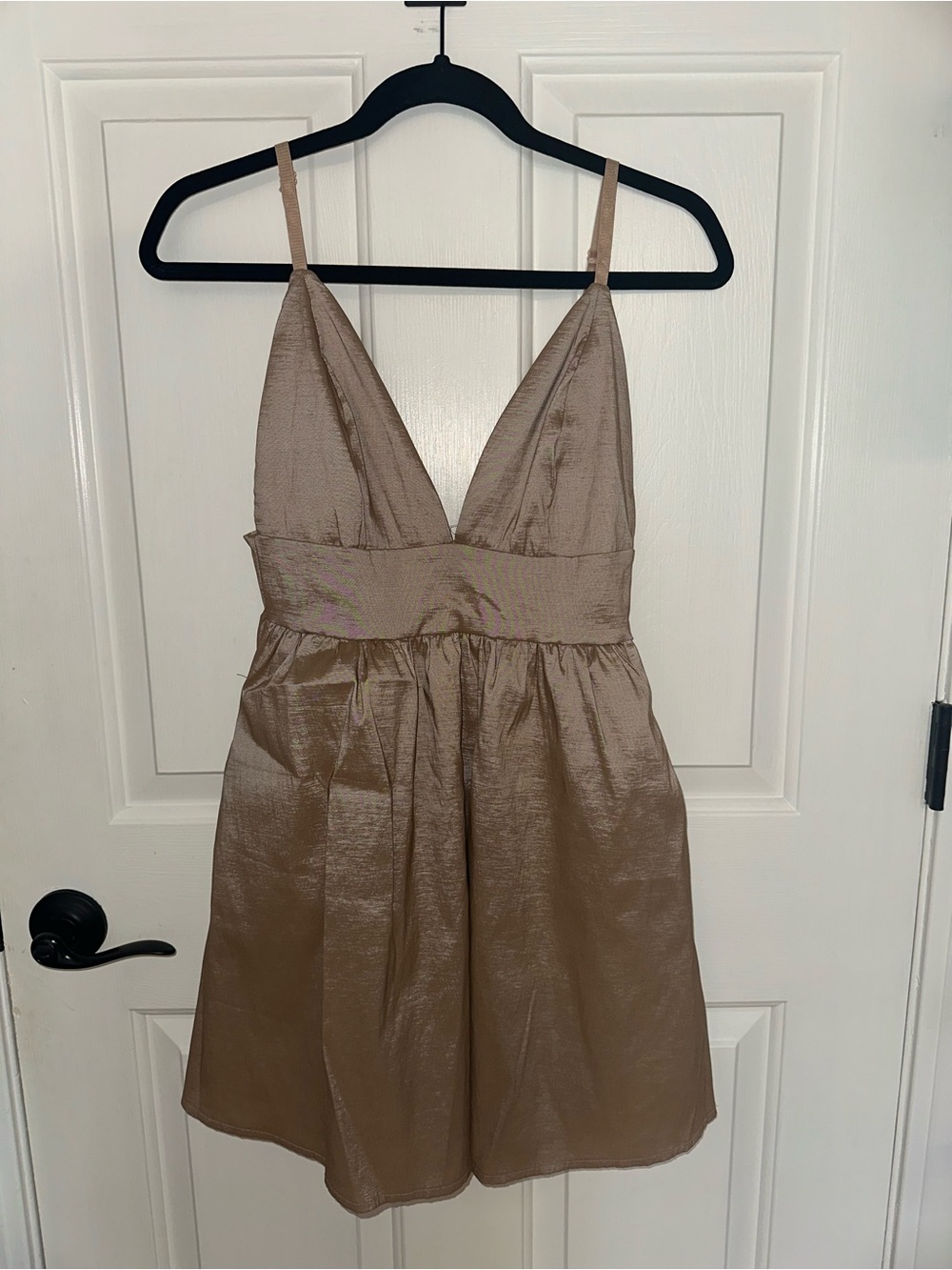 Shimmery Taupe V‑Neck Mini Dress